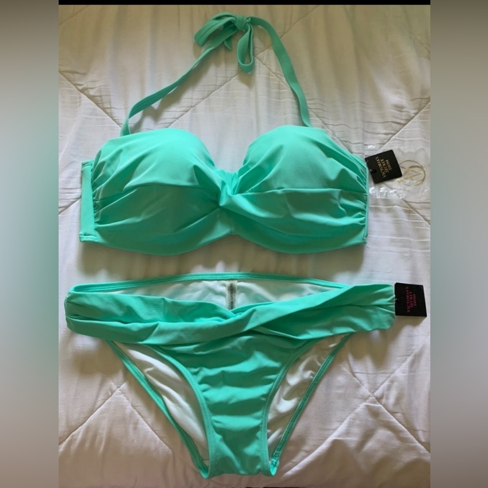 Victoria's Secret Aqua Padded Adjustable Halter Bikini 2 Piece Swimwear Set 36D